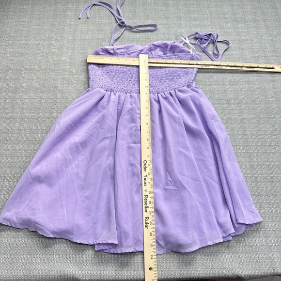 Lilac Babydoll Mini Dress 6 Fairycore‎ Y2K Sweetheart Tie Straps Flowy Purple - Picture 4 of 8